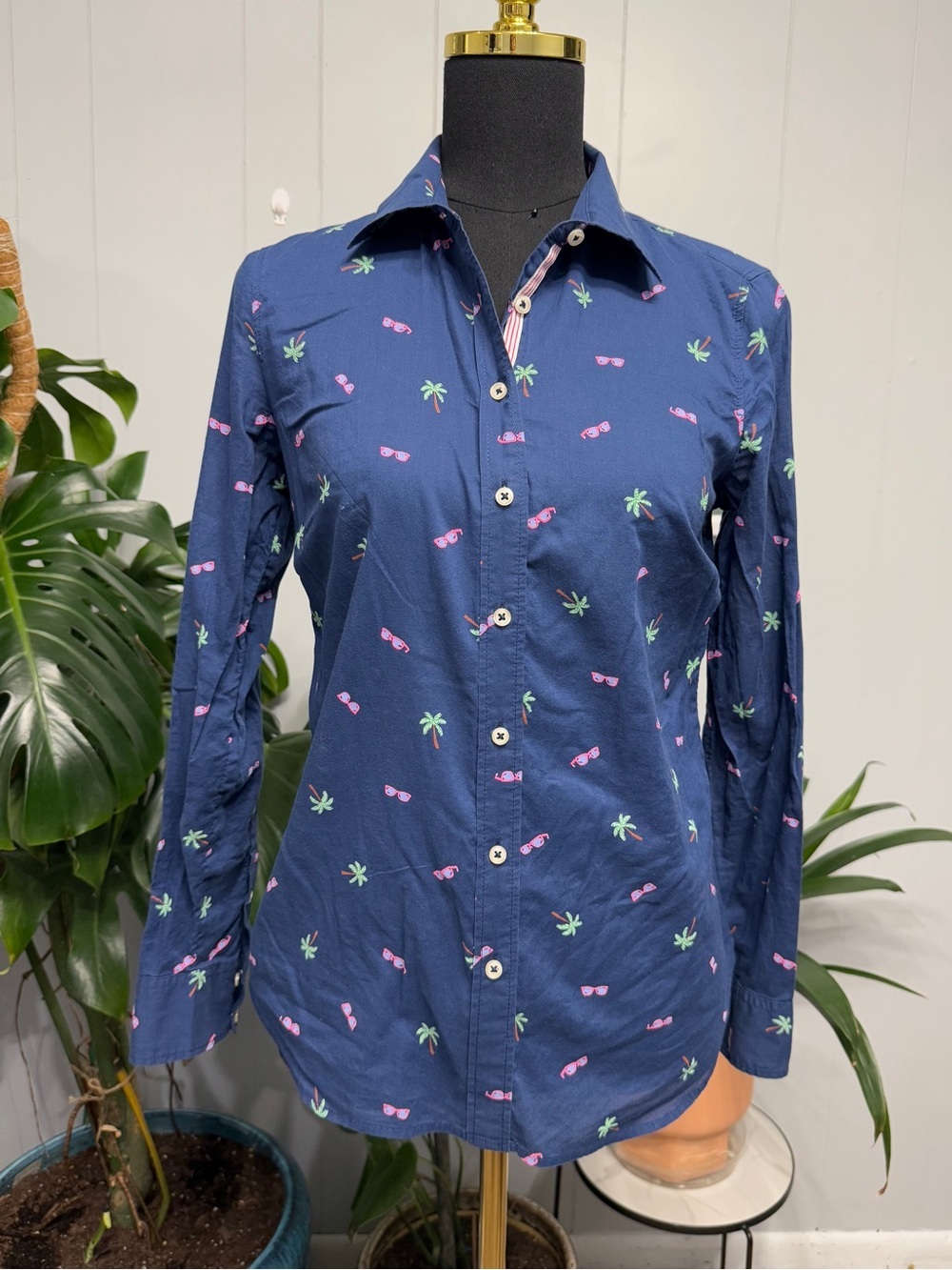 #17) Talbots Navy Palm & Sunglasses Print Button-Up Shirt